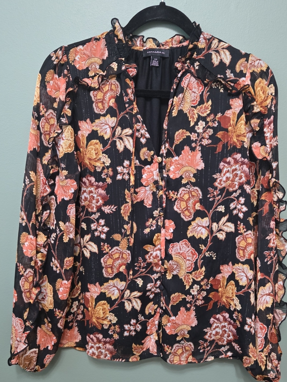 Banana Republic Black Floral Button-Down Blouse with Coral & Gold Prints Sz S